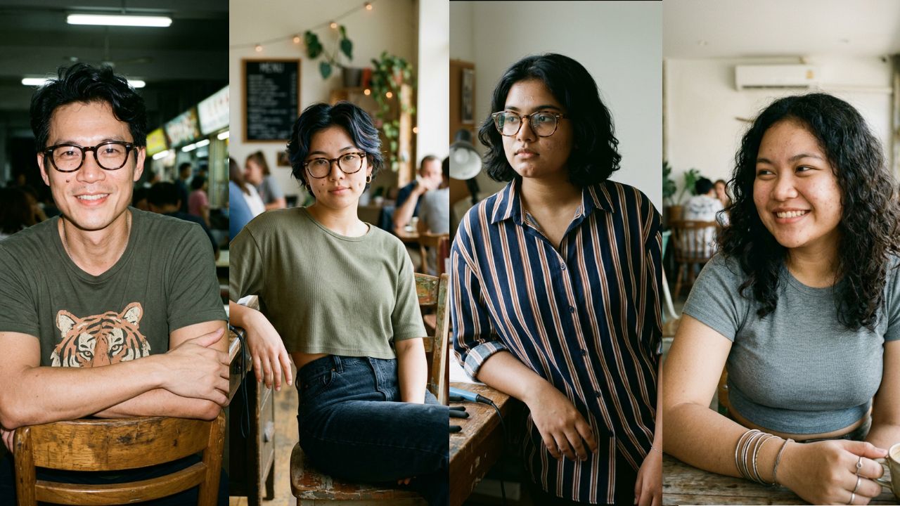 Four candid portraits made from prompts by this tool: a smiling man in glasses and a tiger t-shirt at a food court, a young woman with short dark hair and glasses in a cafe, a woman with shoulder-length curly hair in a striped shirt at a workbench, and a laughing woman with long curly hair and silver bangles at a cafe table.